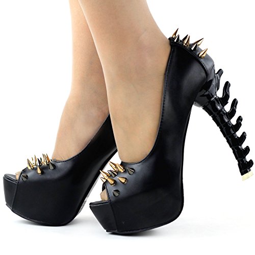 SHOW STORY Womens Punk Spike Peeptoe Platform Bone Heel Club Pumps,LF806273