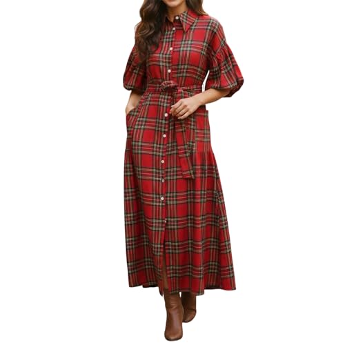 Qtinghua Damen Plaid Shirt Maxikleid Laterne Kurzarm Revers Knopfleiste Langes Kleid mit Gürtel und Taschen Tartan Weihnachtskleider, rot, M