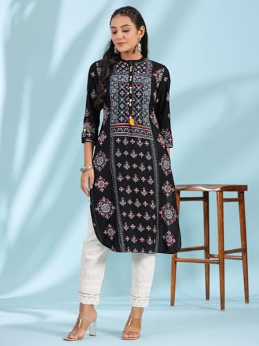 Image of Juniper Black Ethnic Motif Printed Rayon Calf Length Straight Kurta with Kaudis Kantha Work & Sequins
