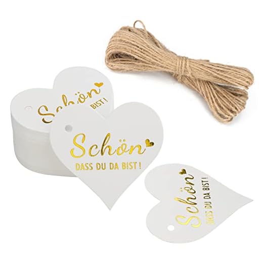 G2PLUS SCHÖN DASS DU DA BIST Geschenkanhänger: Herz Weiß und Gold Papieretiketten Anhänger mit Schnur für Hochzeit Gastgeschenke, Kommunion Gemacht Geschenksäckchen Deko