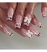 Medium Press on Nails Square 3D Bow False Nails Cute Fake Nails with Leopard Print Designs Pink F...