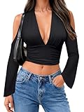 Women’s Deep V Halter Backless Crop Top Sexy Plunge Cold Shoulder Long Flare Sleeves Open Back Tops