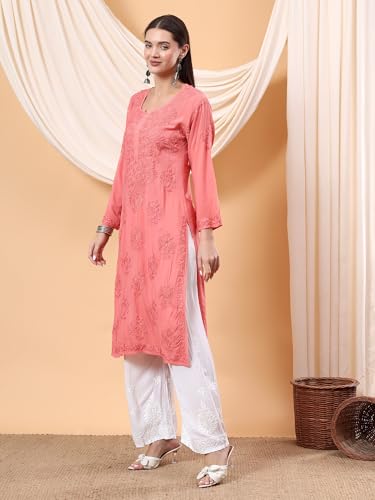 Image of POSHAK CHIKAN STUDIO Women's Hand Embroidered Lucknowi Chikankari Modal Straight Long Kurta, heer