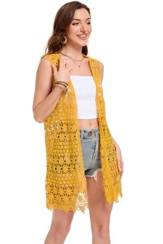 Image of GLEAMISS Women's Crochet Floral Vest Lace Trim Boho Sleeveless Cardigan