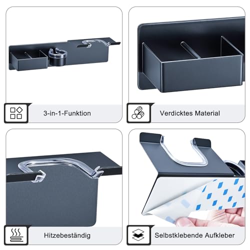 YYBO 3-in-1 Föhn Halterung für Föhn und Glätteisen & Lockenstab, Fönhalter Ohne Bohren, Föhnhalterung Bad Glätteisen Halterung Föhnhalter Wand Fönhalterung für Meisten Haartrockner (Schwarz)