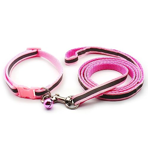 Small Dog Puppy Pet Collar and Lead Set Reflective Hi-Vis Strip Nylon Adjustable Size 19-32cm Collar with Bell and 120cm Leash Pink - Image 2