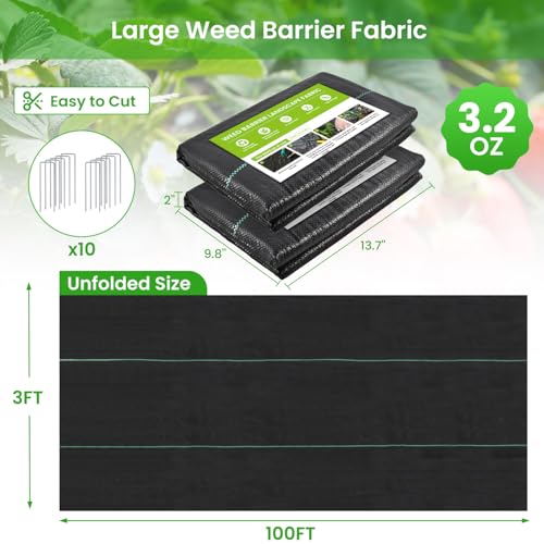 JTSIOV 3x100ft Weed Barrier Landscape Fabric, 3.2oz Heavy Duty Durable Woven Geotextile Fabric, High Permeability Ground Cover Mat, Driveway Fabric, Garden Weed Control Cloth with 10 U-Securing Pegs