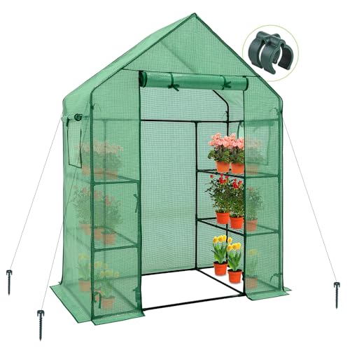 Image of EAGLE PEAK Walk in 3-Tier Greenhouse with Wire Shelves, Portable Indoor and Outdoor Green House with Roll-Up Zippered Door & 2 Roll Up Side Windows, 4 Shelves, 61 inchx28 inchx79 inch, Clear /Green PE Cover
