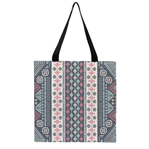 Bolso de hombro con cremallera y diseño tribal étnico para mujer, bolso de hombro grande de lona, bolso de la compra, bolso de trabajo, oficina, trabajo, negocios, escuela, blanco, talla única