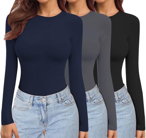 Ekouaer Donna Confezione da 3 Maglie a Maniche Lunghe Girocollo Camicie Termiche Set Elasticizzato Aderente Sottoscrubs Layer Tee Nero + Grigio Scuro + Blu Navy M