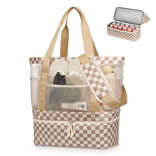 WOOMADA Beach Tote Bag With Cooler, Large Mesh Beach Bags for Women with Wet Pocket, Pool, Swim, Travel Essentials(Brown Checkerboard)