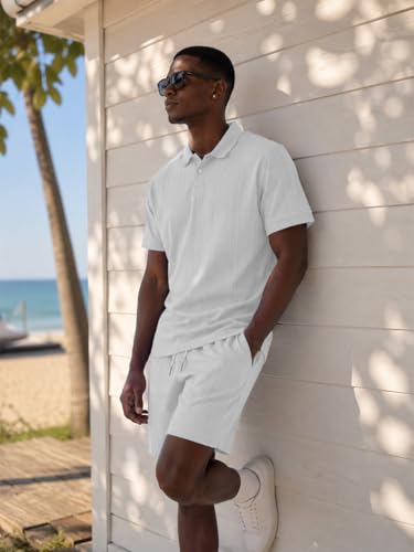 DEEX Men's Summer Beach Outfits 2 Piece Casual Shorts Short Sleeve Track Suits Golf Polo Vacation Texture Sets 2026