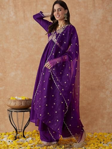 Image of SheWill Women's Vichitra Zari Sequence Embroidery Alia Cut Kurta with Palazzo Dupatta Set