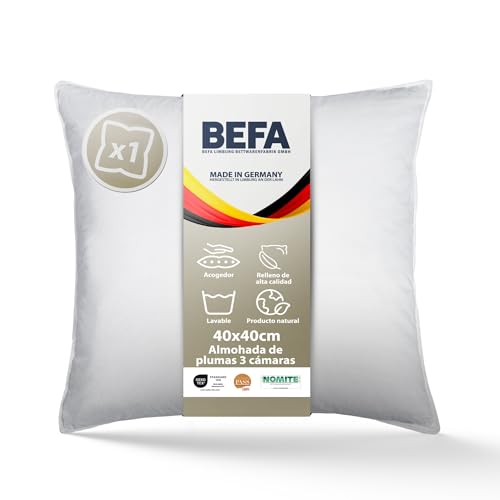 BEFA NATUR Almohada de plumón 40x40 cm | Almohada de 3 cámaras | 90% plumón y 10% Plumas | Apta para alérgicos (NOMITE) | Certificada DOWNPASS| Oeko-Tex Clase 1