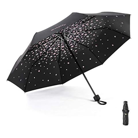 Meiyijia Lightweight Travel Umbrella, Reinforced Windproof Frame, Waterproof, UV Resistance, Sturdy Compact and Portable, Unfolding 96cm (Black + Cherry Blossom) Cover