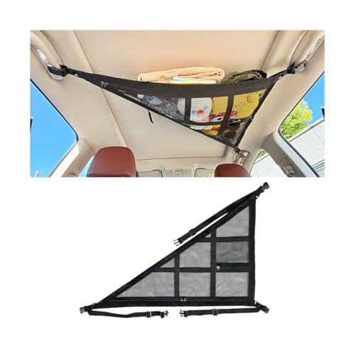 Norkmdi Car Ceiling Cargo Net Pocket, Double-Layer Mesh Strengthen Load Bearing Vehicle Roof Storage Organizer, Auto Interior Cargo Net with Zip Seal, Compatible with Three Handles Vehicle (Black)