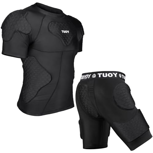 TOUYR Men's Padded Compression Shirt and Pants Training Vest Sleeveless T-Shirt and Short Set Ribs Back Thighs and Buttocks Elbow Knee Protector - Football Soccer Basketball Hockey Protective Gear