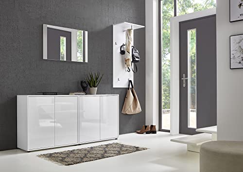 BMG Möbel Garderoben-Set 2 Mailand inkl. Spiegel, Wandpaneel mit hochwertigen Metallhaken, Grifflose Fronten in Hochglanz Weiß lackiert