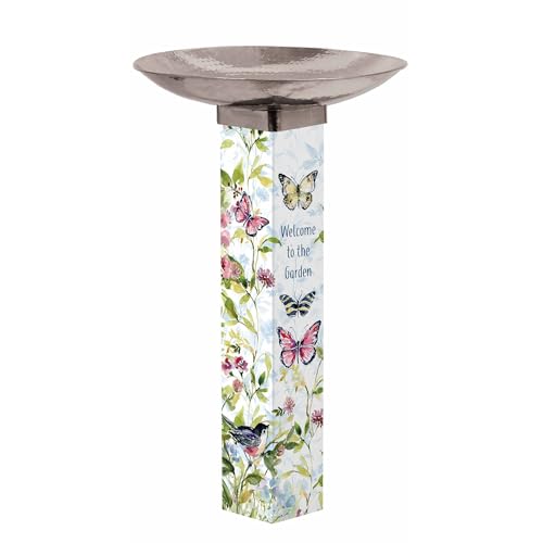 Studio M Art Pole Bird Bath, PVC Weather Resistant Pole with Stainless Steel Bowl Outdoor Decoration for Gardens, Patios, Yards, Landscaping and Birding Accessories, Welcome to The Garden