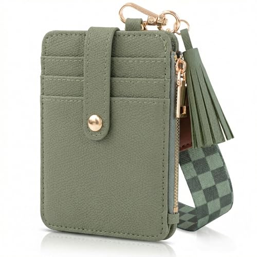 Stylish Wristlet Keychain Wallet for Women - Slim Design Credit Card Holder w/ Plenty of Storage incl. Clear ID Window & Zipper Pocket - Easy Carry RFID Blocking Wallet w/ Tassel Lanyard & Gold Rings