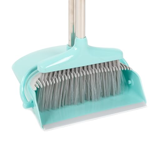 Hub City Industry Heavy Duty Broom and Dustpan Combo Set with Commercial Long Handle for Lobby, Home, Office, Cleaning Supplies, Upright Grips Sweep Set with Broom for Floor Cleaning, Cyan