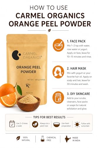 Image of CARMEL ORGANICS Orange Peel Powder 200 Grams | Natural Cleanser & Skin Brightener, Rich in Vitamin C, Perfect for Face Masks & Hair Packs, No Additives or Preservatives