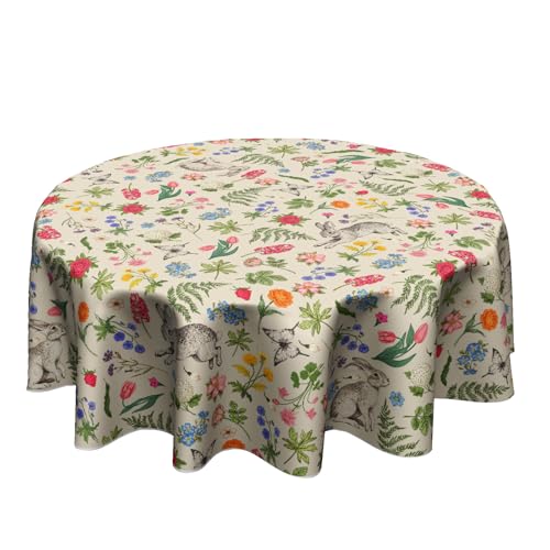 Giwawa Spring Easter Round Tablecloth 60 Inch Rabbit Bunny Flower Sage Green Leaves Vintage Botanical Plants Easter Themed Print Table Cloth for Holiday Kitchen Party Dinner Decoration