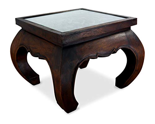 Preisvergleich Produktbild livasia Opiumtisch mit Glasplatte, Massivholztisch, Beistelltisch, Couchtisch mit Elefantenschnitzerei (Dunkelbraun)