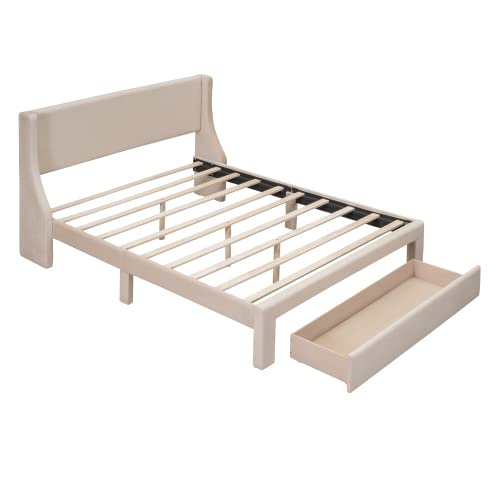 Anwick Queen Size Storage Bed Frame Velvet Upholstered Platform Bed With A Big Drawer, Upholstered Bed Frame With Strong Wooden Slats, No Box Spring Needed, Easy Assembly (Beige, Queen) #TOP4
