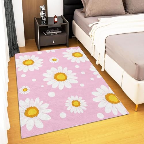 Tapis marguerites roses 120x140 cm lavable et antidérapant - 4