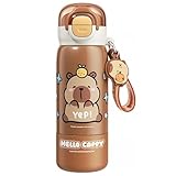 Jeorywoet Botella de agua de capibara de 380 ml con pajita, linda botella de agua de acero inoxidable, taza portátil para oficina, escuela, viajes, niñas, café