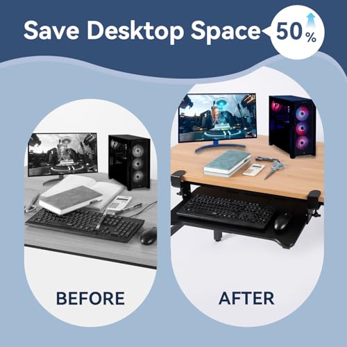 VUSIGN Keyboard Tray Under Desk Height Adjustable,Pull Out with Adjustable C Clamp Mount System for L-Shaped Tables, Extra Sturdy, 26.4” x 11.8” Slide-Out Platform Computer Drawer for Typing, Black by VUSIGN - Image 5