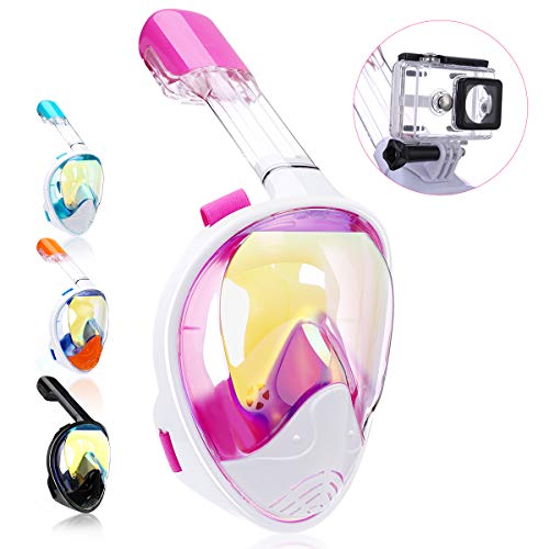 QingSong Newest Version Full Face Snorkel Mask with Safety Free Breathing System, 180 Degree Panoramic Snorkel Set with Detachable Camera Mount Anti-Fog Anti-Leak Anti-UV