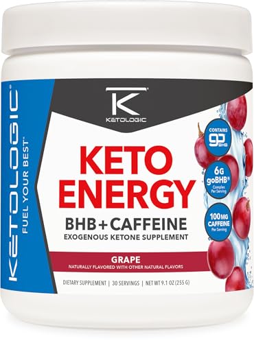 Ketologic KetoEnergy BHB with Caffeine, Grape | Beta-Hydrobutyrate Salts Ketone Powder Supplement | Supports Low-Carb, Keto Diet & Pre-Workout | 30 Servings