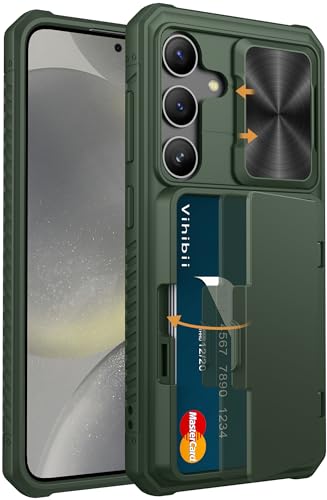 Vihibii PC for Samsung Galaxy S24 Back Cover with Card Holder (4 Cards) & Slide Camera & Kickstand, Shockproof Case for Samsung Galaxy S24 6.2", Green