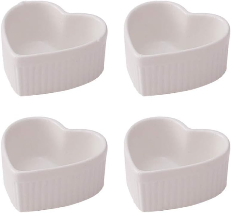 Dessert Bowl 4 oz Ramekins, Set of 4, Ceramic Heart Shaped Molds, for Baking Cakes, Jams, Souffle, Creme Brulee-White