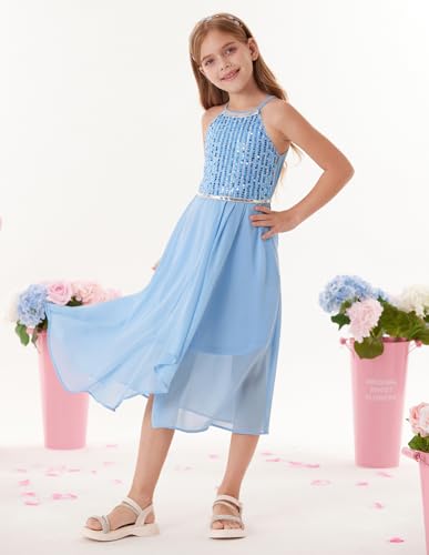 GRACE KARIN Flower Girls Chiffon Dresses A-Line Halter Junior Bridesmaid Girl Flowy Sequin Dresses Wedding Party Pageant Gown3