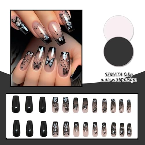 SEMATA Acrylic French Tip Press on Nails Medium Long Square Nails Press ons Coffin Ombre Glue on Fake Nail with Butterfly Flower Designs Reusable Artificial Stick on False Nail for Women 24Pcs — view 4