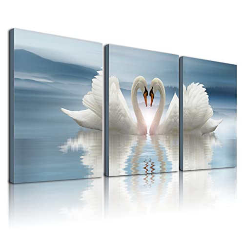 Swan Love Kissing Heart Wall Art Decor Framed, 3 Pieces Canvas Couples Print Poster Decor Paintings Street Art Pictures For Bedroom Home Office Living Room Bathroom Farmhouse12*16In #TOP2