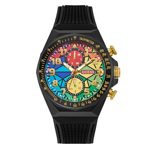 Guess Mens 46mm Watch - Black Silicone Strap Rainbow Dial Black Case