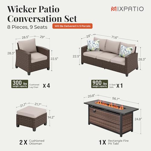 MIXPATIO Patio Furniture Set, 8 Pcs Wicker Rattan Outdoor Conversation Set, 4 x Leg Chairs, 1 x 3 Seater Sofa and 2 x Ottoman with 4" Thick Cushion and 56" Fire Pit Table, Beige