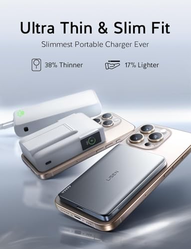 LISEN 0.5‘’ Ultra Slim MagSafe Portable Charger,10000mAh Wireless Card Slim MagSafe Battery Pack iPhone 17 Air Accessories,Magnetic Power Bank for iPhone 17 Pro Max Plus Air/16/15/14/13/12，GlacierGray