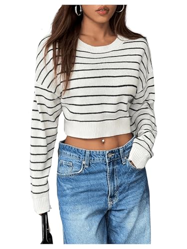 Verdusa Women's Striped Y2k Crop Sweaters Crew Neck Long Sleeve Pullover Knitted Tops