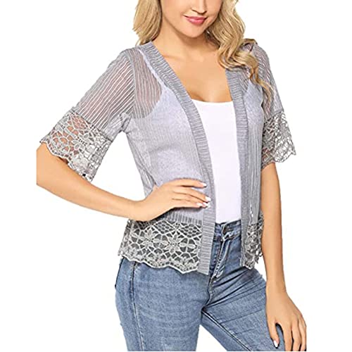 xuergu Bolero corto de encaje floral de ganchillo para mujer, media manga, parte delantera abierta, cárdigan transparente para uso diario o fiesta, Gris#1, S