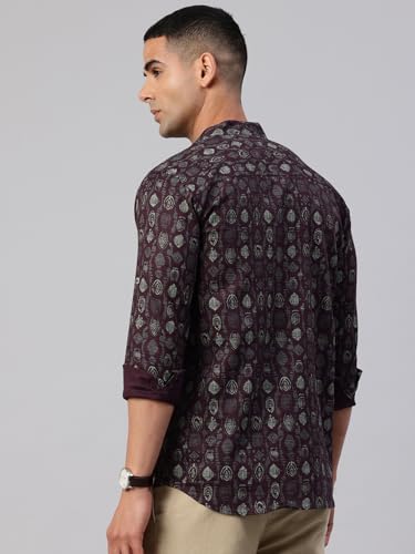 Image of Majestic Man Men's Pure Cotton Printed Mandarin Collar Regular Fit Roll-Up Sleeves Short Kurta