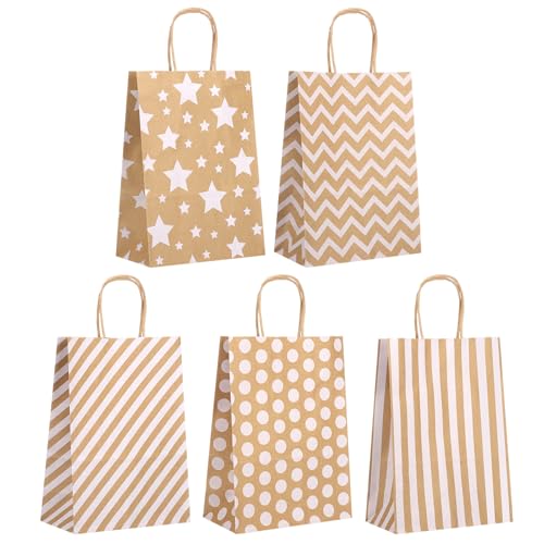 25 Stück Papiertüten Braun mit Henkel, 15 x 21 x 8 cm Geschenktüten Klein Kraftpapier Tüten mit Henkel für Ostern Geburtstag Hochzeit DIY (5 Stile)