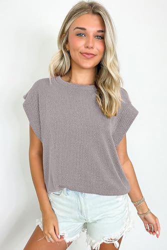 Ribbed Knit Cap Sleeve Top, Crew Neck, Gray4