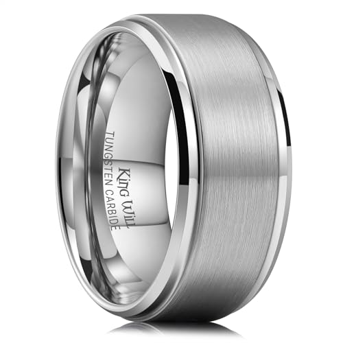 King Will Mens Brushed Wedding Band, Two Tone Matte Step Edges/Pipe Cut, Tungsten Carbide Anniversary Promise Rings Comfort Fit