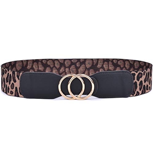 Beltox Women’s Elastic Stretch Wide Waist Belts W Double Rings Gold/Silver Buckle (Leopard W Gold Buckle, Xs-L(27-35 Inch Stretch Range)) #TOP18