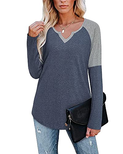 LAISHEN Womens 2023 Long Sleeve T Shirts Raglan V Neck Casual Dressy Color Block Fall Tops Loose Blouses(Blue,S)